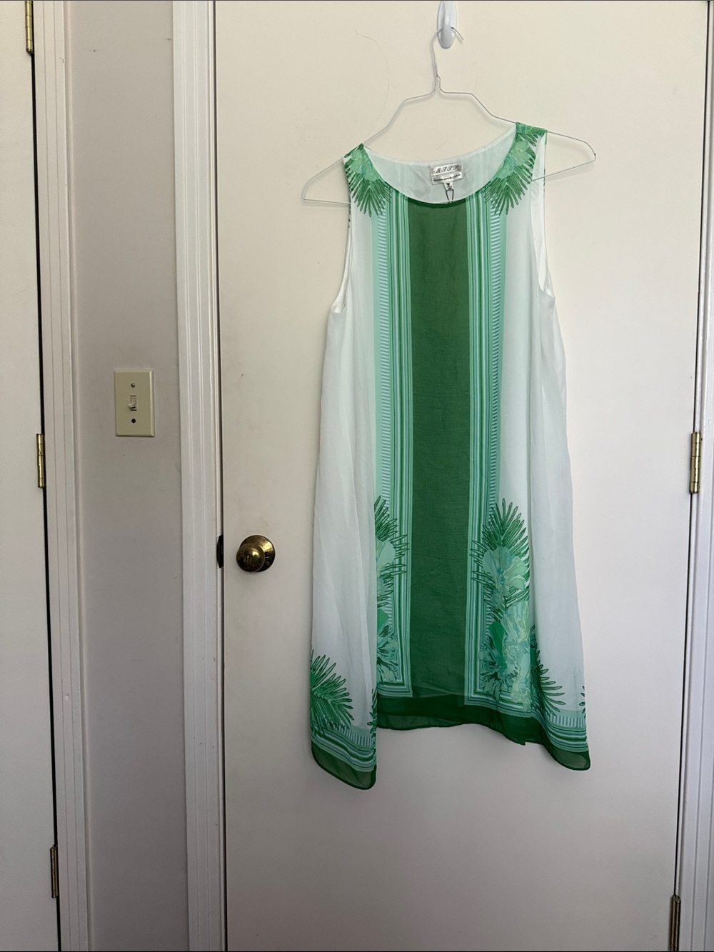 Sleeveless Green & White Shift Dress with Tropical Print